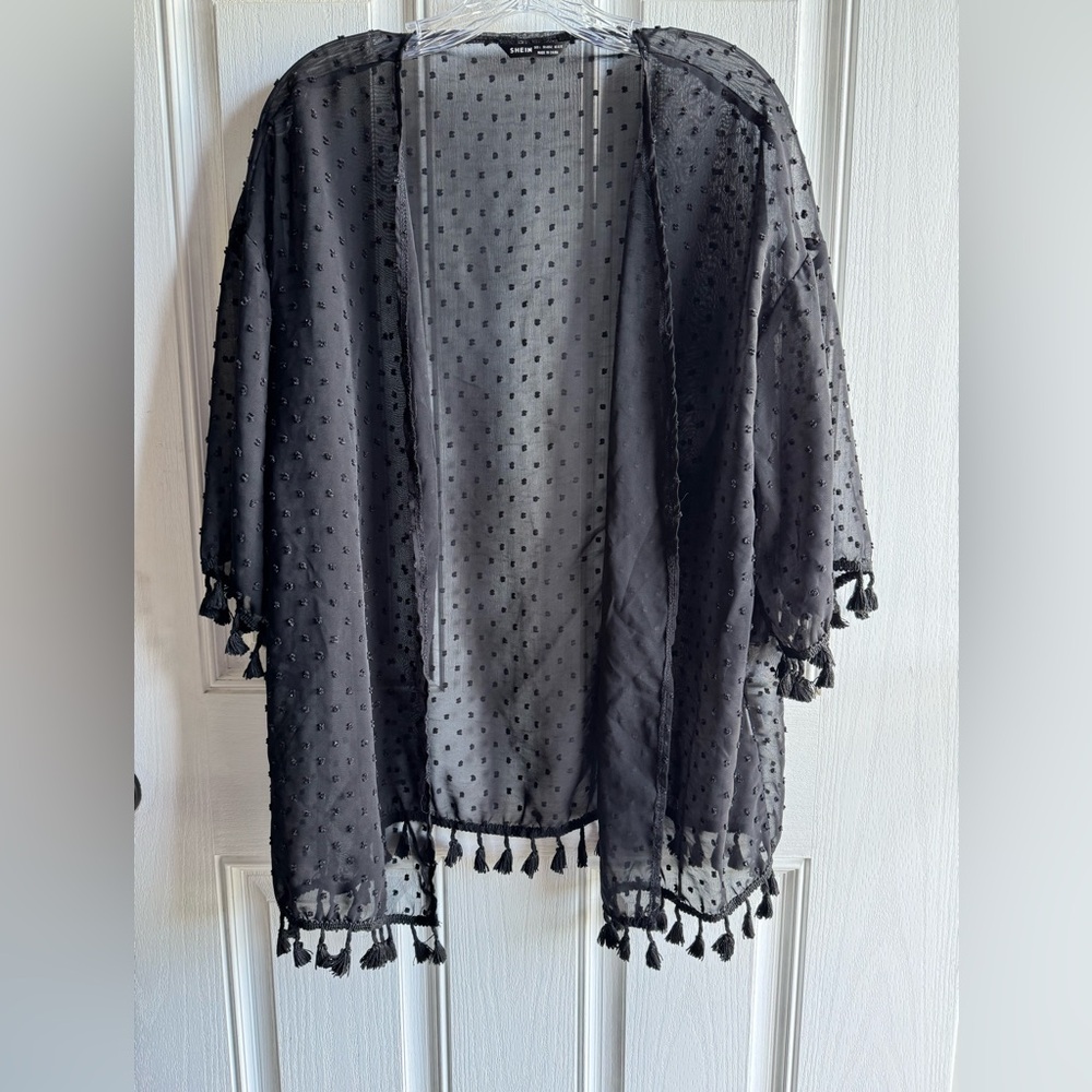 SHEIN Black Sheer Polka Dot Kimono